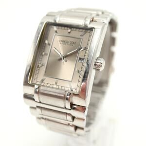 Kenneth Cole Mens Silver Tone 32mm Tank Date Watch Stainless Steel w New Battery